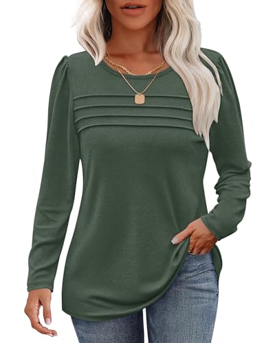 WNEEDU Damen Langarmshirt Rundhals Lässige Lose Pullover Damen Trendy Falten Sweatshirt Herbst Winter Puli Oberteile Bluse Tunika Tops Grün M