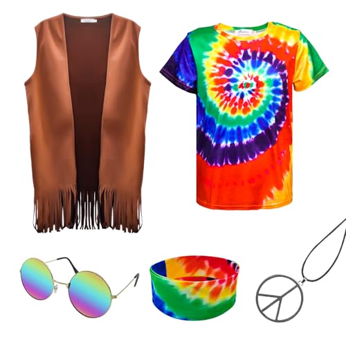 MRYUWB Hippie Kostüm für Herren 60er 70er Jahre Fransenweste Buntes T-Shirt Set Karneval Party Quastenweste Hippie Halloween Kostüm (Fringe Vest+T-shirt, L)