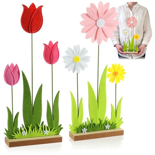 com-four® 2X Deko Aufsteller für Ostern und Frühling - Niedliche Filz-Blumen - Osterdeko zum Hinstellen - Osterdekoration aus Holz und Filz (Blume - 2 Stück)