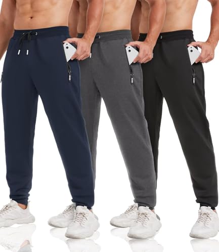 lomsoe 3er-Pack Jogginghose Herren Baumwolle Tapered, Sporthose Herren Lang mit Reißverschlusstaschen, Trainingshose Sweatpants Fleece Slim Fit für Laufen und Fitness(Schwarz,Dunkelgrau,Marineblau,L)