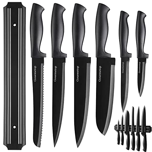 Gourmetop Kitchen Knife Set with No Drilling Magnetic Strip, Knives Set for Kitchen Black Cooking Knives, Sharp Chef Knife Set for Cutting
