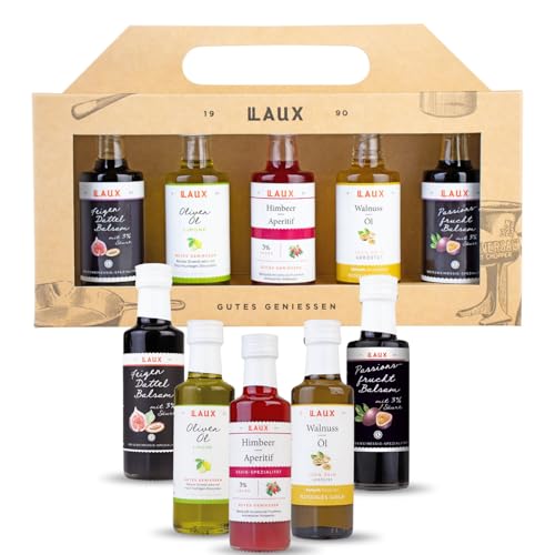 LAUX Essig & Öl Geschenkset Frauen – 5x40ml Olivenöl, Walnussöl, Balsamico & Aperitif – Feinkost Koch Box -Geschenkbox für Sie und Ihn