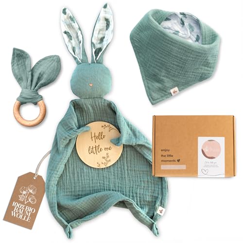 Mikito Baby Geschenk Junge & Mädchen/Neugeborenen Geschenk mit Musselin Schnuffeltuch + Beißring + Lätzchen + Baby Holzschild/Geschenk zur Geburt