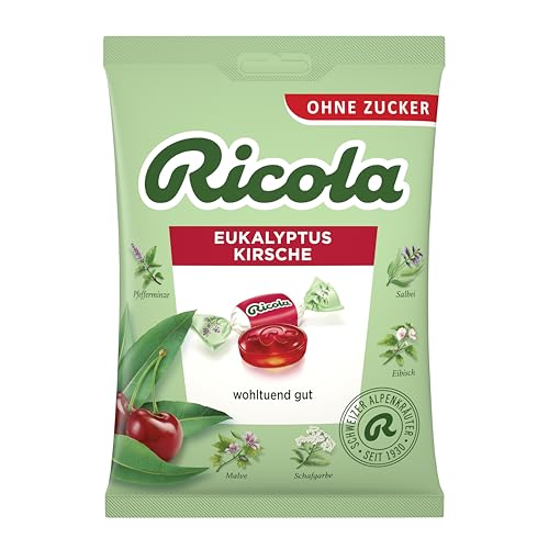 Ricola Eukalyptus Kirsche, 75g Beutel Original Schweizer Kräuter-Bonbons mit 13 Alpenkräutern & fruchtig-frischer Kirsche, zuckerfrei, 1 x 75g, vegan