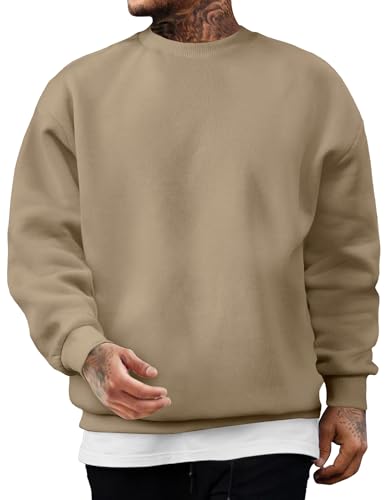 JMIERR Baumwolle Pullover Herren Freizeit Rundhals Sweatshirts Winter Langarm Hoodies Loose Fit Beige XL