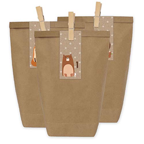 Papierdrachen Adventskalender zum Befüllen - 24 Geschenktüten und 24 Zahlenaufkleber und Klammern - Motiv Braune Waldtierchen - zum Befüllen und Basteln - Weihnachten - Mini Set Nr 34