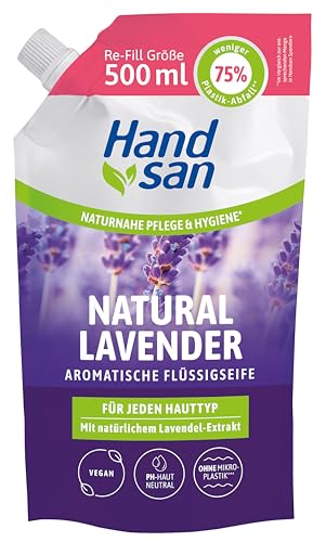 Hand san Flüssigseife Natural Lavender im Nachfüllbeutel | mit natürlichem Lavendelöl | Händewaschen & Gesichtsreinigung | Rezeptur ohne Mikroplastik | pH-hautneutral & vegan | 500ml