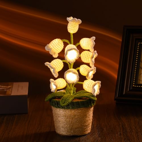Geschenke für Frauen Gestrickte Glockenorchidee Blumen Mit LED Lichter Handgemachter Topfpflanze Exquisite Gestrickte Blumen für Romantisch Dekoration Geschenk zum Muttertag Valentinstag Jubiläum