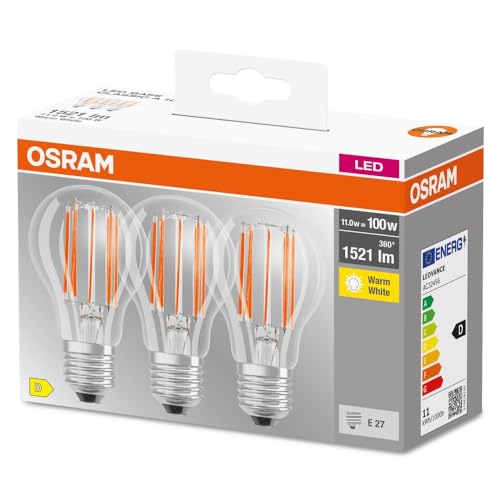 Osram LED BASE Classic A100, klare Filament LED-Lampen aus Glas für E27 Sockel, Birnenform, Warmweiß (2700K), 1521 Lumen, Ersatz für herkömmliche 100W-Glühbirnen, 3er-Box