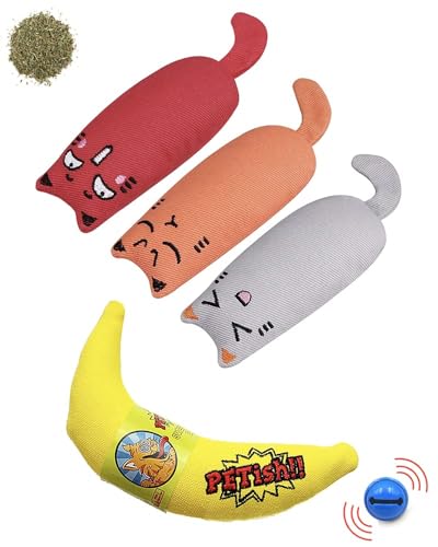 MOX Katzenspielzeug Set (4-teilig) – Banane & Katzenfiguren mit Bio-Katzenminze & Rassel – Selbstbeschäftigung für Katzen – Spielspaß & Stressabbau – Handgemacht in der Türkei