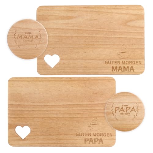 Mama und Papa Geschenke Frühstücksbrettchen Weihnachtsgeschenke für Eltern Frühstücksbrettchen, Personalisierte Geschenkidee Holz mit Gravur Set, Frühstücksbrett mit Untersetzern