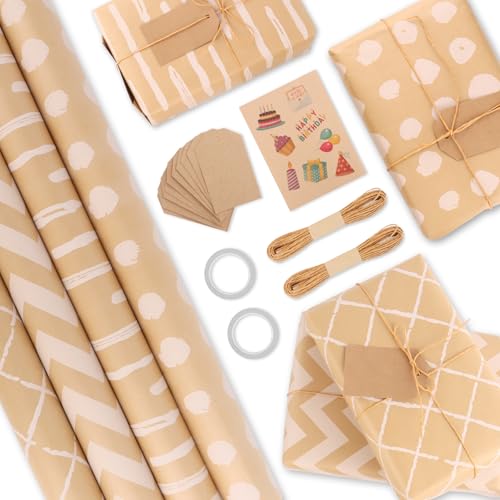 4 Rolle Geschenkpapier, Packpapier Geburtstag 43 x 300cm/Rolle, Geschenkpapier Kinder mit Geschenkanhänger und Jute Schnur, Geschenkpapier Rolle Set für Kommunion Taufe Geburtstag Hochzeit Weihnacht