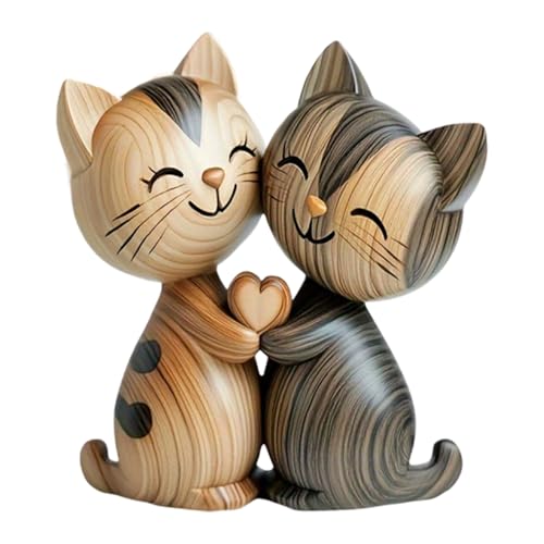 Cumnvulnt Holzskulptur Eines Katzenpaars, 2D-Flache Schreibtischdekoration, Katzen Deko Aus Naturholz, Katze Figur Als Minimalistische Schreibtischdekoration, Für Wohnzimmer, Büro, Geschenk