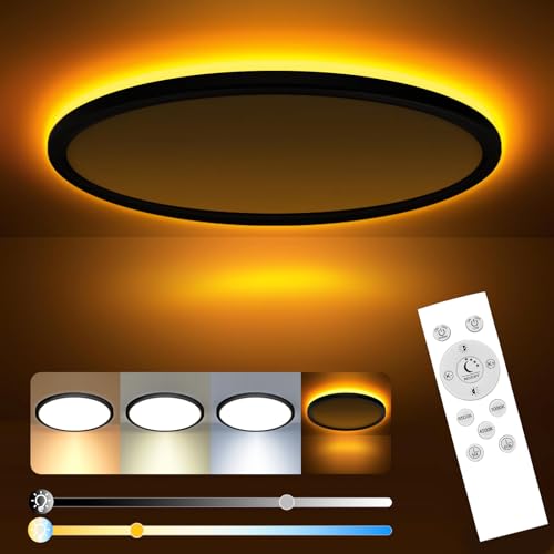 slochi LED Deckenleuchte, 24W Deckenlampe Flach Dimmbar mit Fernbedienung, 1800K Nachtlicht Warm, 3000K-6500K, Ultra Dünn Schlafzimmer Lampe für Schlafzimme Wohnzimmer Kinderzimmer-Rund Schwarz