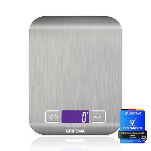 GRIFEMA GA2002 Küchenwaage mit LED-Display 1-5000g Edelstahl, silver | 6 Einheiten, Tara-Funktion, Automatische Abschaltung, inkl. 2 AAA-Batterien