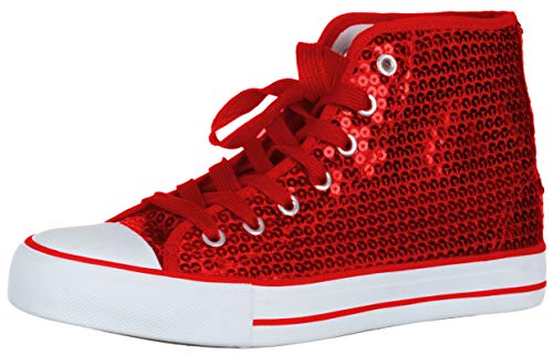 Brandsseller Damen Sneaker mit Pailletten und Glitzer - halbhoch mit Schnürsenkeln modisch bequem für Alltag & Party – Rot