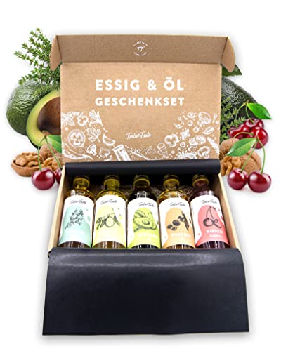 TIMBER TASTE® Essig & Öl Geschenkset Frauen & Männer [Vitalisierend] | 5 Erlesene Essige & Öle [5x40ml] | Exklusives Valentinstagsgeschenk für Feinschmecker & Hobbyköche | Geschenkideen Valentinstag