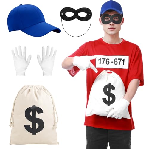 Angenster Bande Verkleidung T Shirt, Panzerknacker Kostüm Karneval Outfit mit Kurzarm-Shirt Maske Handschuhe, T-Shirt Herren Banditen Fasching Karneval Kostüme für Herren Damen (Stil B, XXL)