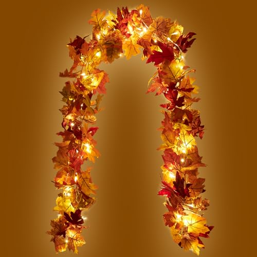 COOLUCK 2 Stück Herbst Girlande - 176cm/Stück Herbstgirlande mit Licht, Ahornblätter Herbstdeko für Innen & Außen, Zuhause, Garten, Hochzeit, Kamin, Balkon, Party