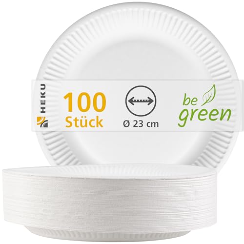 HEKU Einwegteller aus Pappe, Ø 23 cm, 100 Stück – stabile 220g/m² Frischfaser – 100% kompostierbar & umweltfreundlich – weiße Pappteller für Partys, Feiern & Feste, Weiß