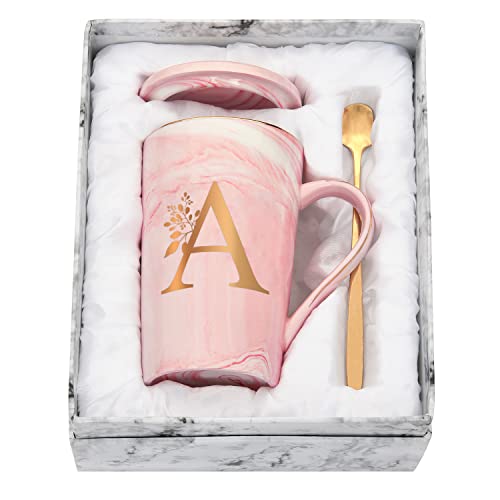 Joymaking Personalisierte Tasse mit Buchstaben Kaffeetasse mit Blumen Motiv, Namen Initiale persönliche Geschenke Kaffeetasse für Frauen Freundin, A - 400ml Rosa