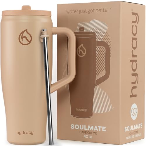 Hydracy Soulmate Trinkbecher mit Griff und Klapp-Trinkhalm, 1,2 l, 100 % auslaufsicherer, wiederverwendbarer Isolierbecher mit Edelstahl-Trinkhalm, Becherhalterfreundlicher Gummiboden, Geschenk für