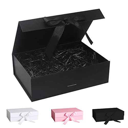 Geschenkbox Mit Schleife, Deckel, Schleifenband Und Geschreddertem Papier - Magnetische Box für Hochzeit, Geburtstag, Weihnachten, Jubiläum (Schwarz, 23*17*7cm)