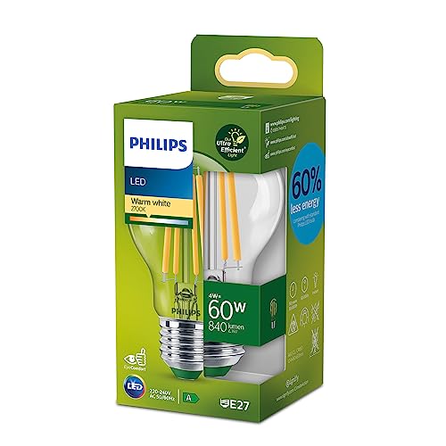 Philips LED Classic ultraeffiziente E27 Lampe (60 W), LED Lampe mit warmweißem Licht, energiesparende Lampe mit langer Nutzlebensdauer, Energieeffizienzklasse A, Klar