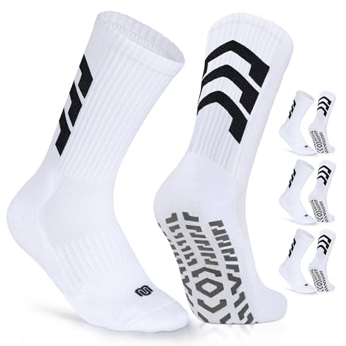 CLOSEMATE 3 Paar Aniti-Rutsch Fußballsocken für Herren Grip Football Socks Sportsocken Rutschfeste Sneakersocken für Basketball Laufen Tennis Pilates Yoga 43-46 Weiß L