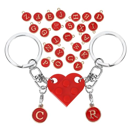 Lilbitty 1 Paar Personalisierter Ziegelstein-passender Herz-Schlüsselanhänger für Paar, Freund, Freundin, Valentinstagsgeschenk,Rot