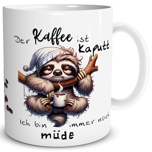 TRIOSK Tasse Faultier mit Spruch lustig Der Kaffee ist Kaputt Ich bin immer noch müde Sprüche Geschenk für Frauen Männer Faultierfans Kaffeeliebhaber Büro Kollegen Weiß, Keramik 300ml
