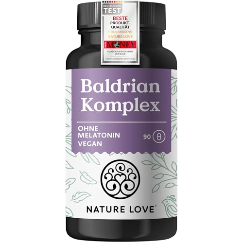 NATURE LOVE® Baldrian Komplex – 90 Kapseln ohne Melatonin – mit Johanniskraut, Passionsblume, Folsäure, Lavendelblüte & B-Vitaminen – vegan