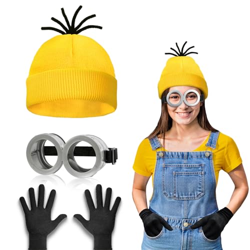 WEARXI Karneval Kostüm Damen, 3/4/6PC Gelbes Kleidung Set, Kostüm Damen Fasching Erwachsene Karnevalskostüm für Party Cosplay für Herren Kinder, Mütze Brille Hosenträger Handschuhe