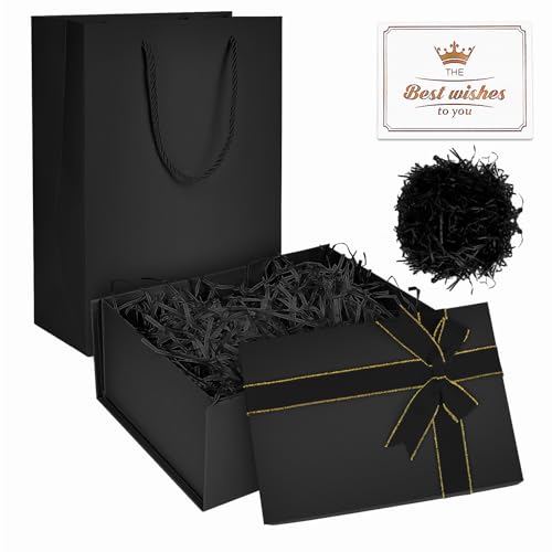 Schwarz Geschenkbox, Geschenkbox mit Deckel, 22 x 16 x 8,5 cm Große geschenk Box mit Deckel und Schleife, leer Geschenkboxen mit Karten, Speziell für Valentinstag, Geburtstage, Jubiläen (Schwarz)