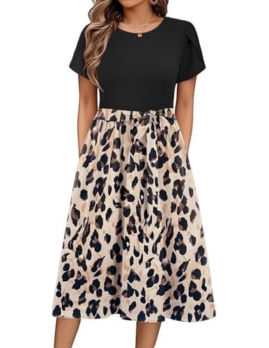 Zeagoo Kleid Damen Sommer Elegant Floral Kleid Damen Rundhals Strandkleid Kurzarm Swing A Linie Blusenkleid Casual Knielang Kleider mit Gürtel Florala L