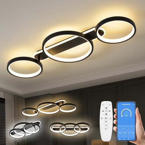 LED Deckenlampe,Dimmbar Deckenleuchte Mit Fernbedienung APP,Einstellbar Ringform Wohnzimmerlampe 3 Flammig Kronleuchter Lampe,36W 3000-6500K deckenbeleuchtung für Schlafzimmer Wohnzimmer,Schwarz 78cm