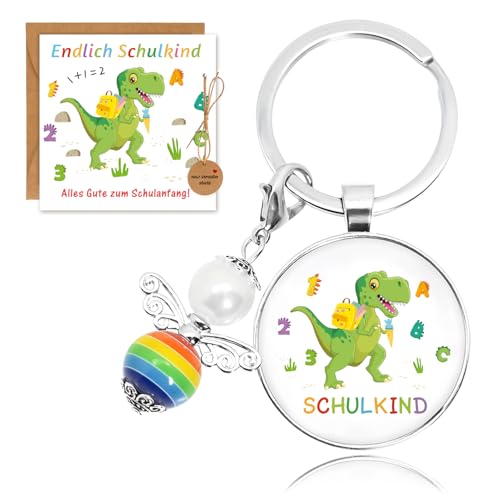 Augesak Schlüsselanhänger Schulkind Schutzengel Dino, Schlüsselanhänger Einschulung Klappkarten Geldgeschenke, Glücksbringer Einschulung Schule, Geldgeschenk Schulanfang Jungen Mädchen Schultüte