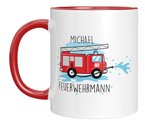 TassenTicker - Feuerwehr-Held - Personalisierbar mit Namen - Feuerwehrmann/frau - Motiv Löschfahrzeug - Geschenk - Feuerwehr Motiv - Morgenmuffel - Geschenkidee - Rot