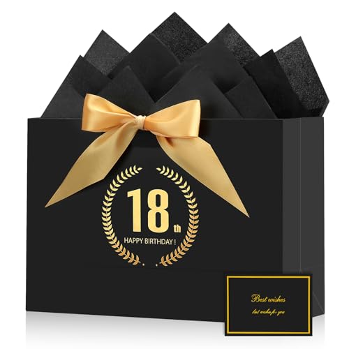 BBLIKE Geschenktüten Set geschenktüte schwarz gold geschenktütchen mit Grußkarten und Sydney Paper geschenktüten mit schleife Geschenkverpackung für Geschenk 18.Geburtstag Jahrestag Feier