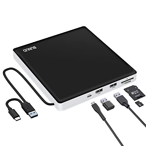 BUNUD Externes DVD Laufwerk für Windows 11: USB 3.0 & Type-C CD Laufwerk Extern Externer CD/DVD Brenner und Player mit 2 USB & SD/TF - Externe CD- & DVD-Laufwerke für Laptop Mac PC MacBook Pro Air