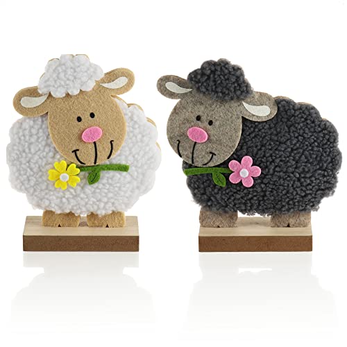 com-four® 2X Deko Aufsteller für Ostern - Sehr niedliche Schafe - Osterdeko zum Hinstellen - Osterdekoration aus Holz, Filz und Wolle (2 Stück - Lamm - schwarz + weiß)