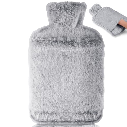 BOLEi Wärmflasche mit Weichem Bezug –Auslaufsicher 2L Groß Wärmflaschen mit Känguru-Tasche,Naturkautschuk +Bettflasche Flauschig,Geschenke für Männer Frauen (Grau)