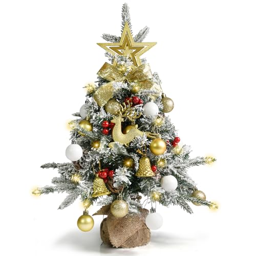 Weihnachtsbaum Künstlich Klein 60cm, Mini Christbaum mit 40 warmweiß LEDs, Weihnachtskugeln Sternbaumspitze Weihnachtsdeko, Tannenbaum für Weihnachtsdeko Innen Büro Weihnachten Advent, Gelb Weiß