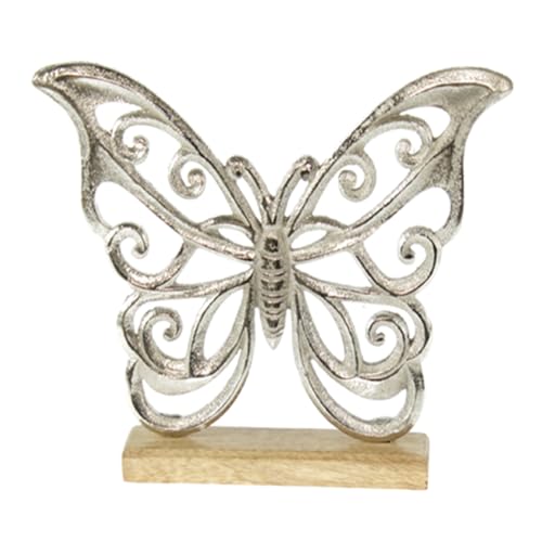 Deko Figur Schmetterling 25 x 20 cm, Mango Holz massiv Natur braun Metall Alu Silber, Dekoherz Herzaufsteller Herzdeko zum Stellen