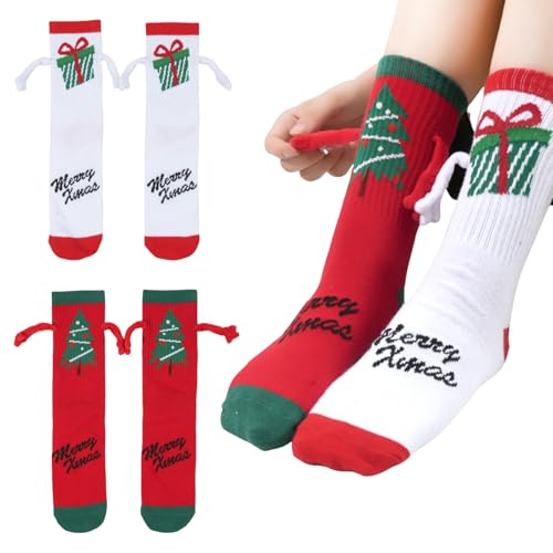 NATOSU 2 Paare Lustige Magnetsocken, Hand in Hand Socken, Weihnachtssocken, Lustige Freundschaftssocken, Weihnachtssocken, Geschenk für Paare, Familie