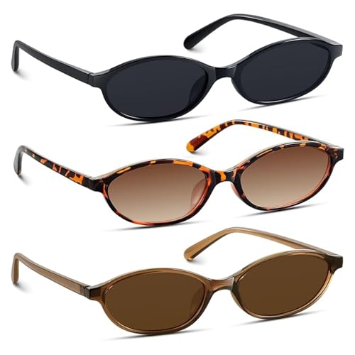MXGHIR 3 Stück Oval Sonnenbrille Damen, 90er Retro Sonnenbrillen Schmale Skinny Trendy Cat Eye Sunglasses für Party Karneval Festival, UV400 (Schwarz, Braun, Leopardenmuster)