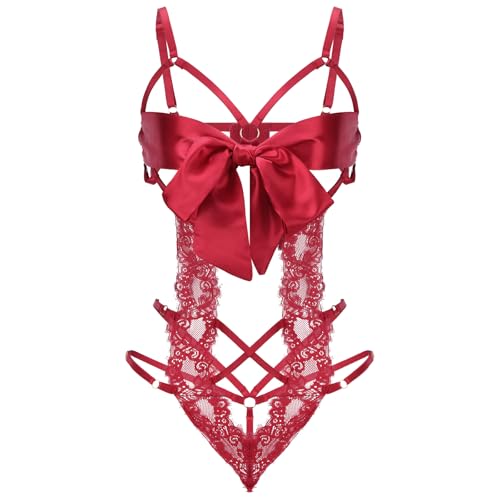 Telooco Desouses für Frauen Sexy Unterwäsche Dessous Spitze Hohl Body Bodysuit Einteiler Freche Dessou Fliege Underwear Women Sexy Set Spitze Dessous Party Outfit für Damen Frauen (Rot)