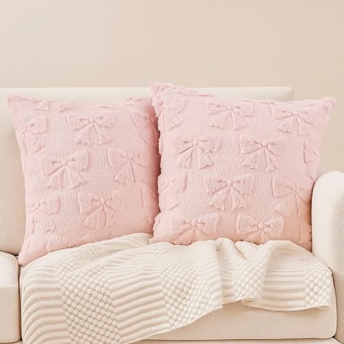 ZYLOUY 2 Rosa Kissenbezüge Mit Schleifen 45x45cm, Kissen Aesthetic, Wohnzimmer Modern Kissenhülle Zimmer Deko, Deko Aesthetic, Zimmer Deko Rosa