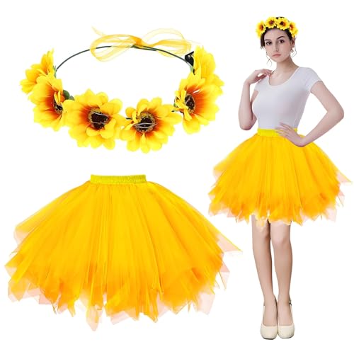 TaimeiMao Sonnenblumen Kostüm Damen 2 Stück, Tüllrock Gelb mit Leuchtendes Sonnenblumen Haarreif, Sonnenblumen Tüllrock Damen, Tütü Damen Gelb, Karneval Kostüm Tüllrock für Damen Mädchen