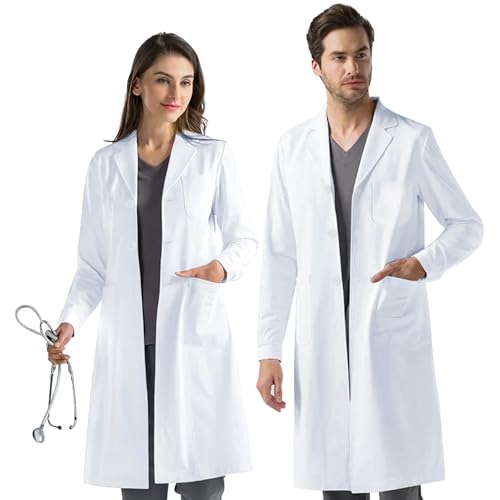 AUYAO Weiß Laborkittel Ärztemantel Damen Herren Laborkittel Chemie Kittel Labormantel Schutzkleidung für Labor Mantel Hygiene Langarm Medizin Mantel mit Knöpfen und 3 Tasche Kittel Junge Mädchen(XL)